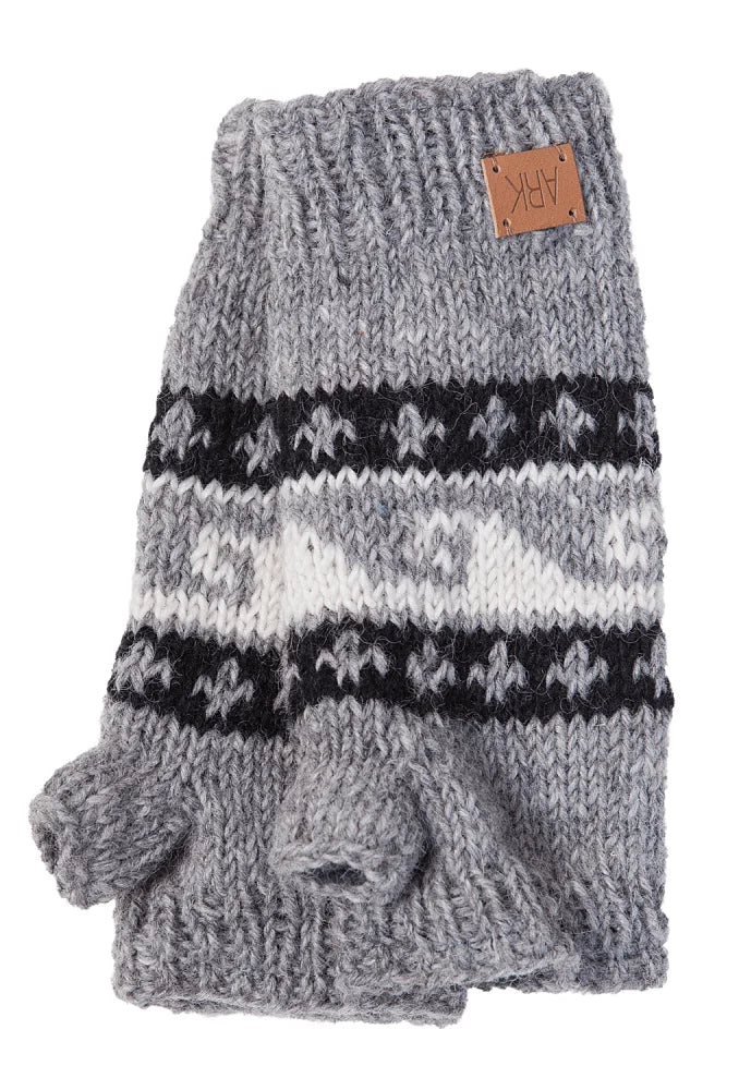 Gray knitted wave hand warmers fingerless gloves with black white nordic pattern and brown ark leather tag