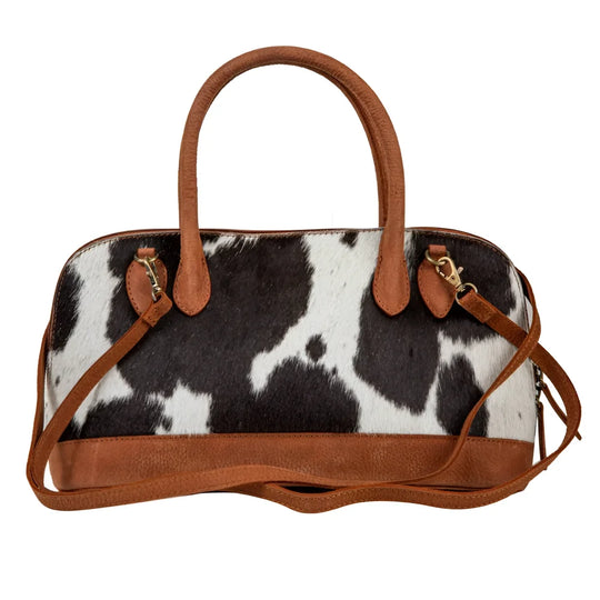 Brown and white hair-on hide leather satchel with tan handles by Angus Oliver