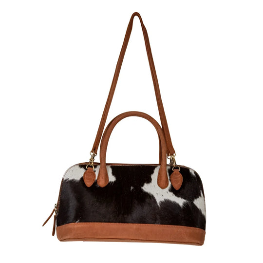 Stylish black white hair-on hide Angus Oliver cowhide bag with tan trim