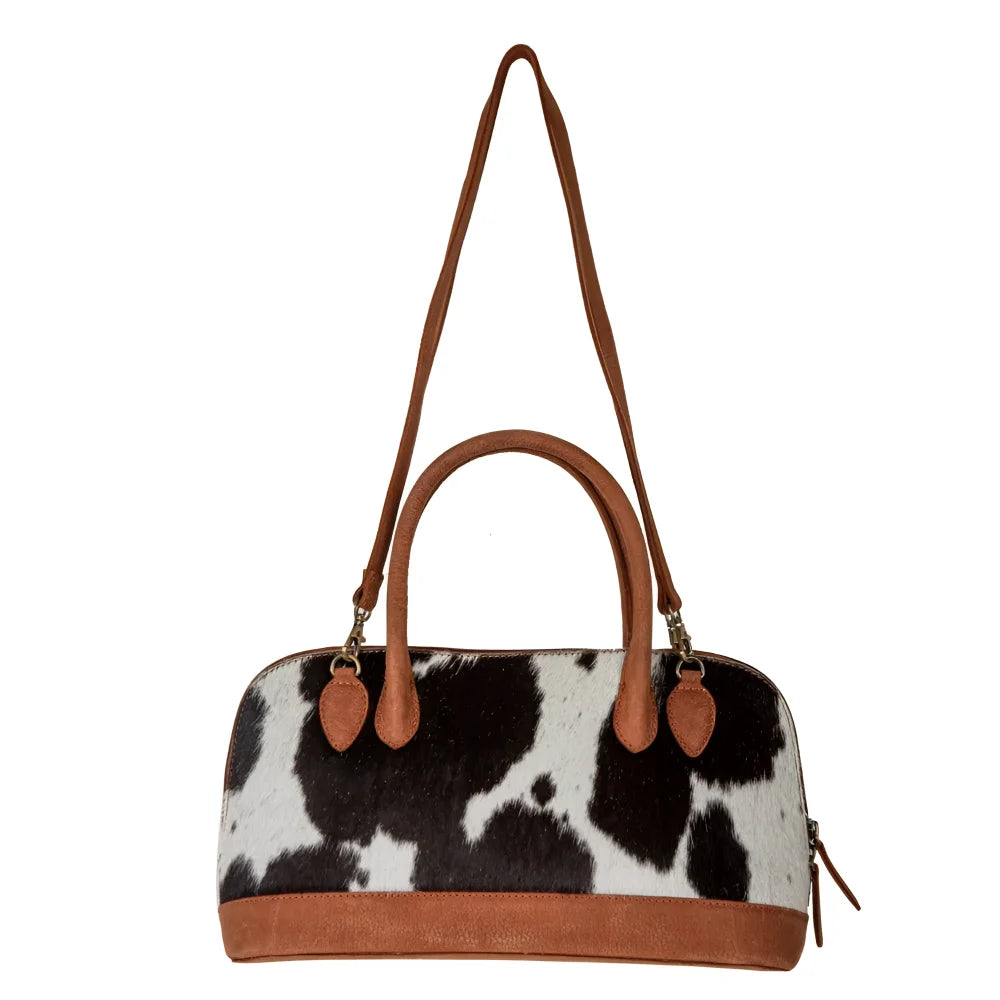 Stylish Westward hair-on hide leather bag with cowhide pattern, Angus Oliver