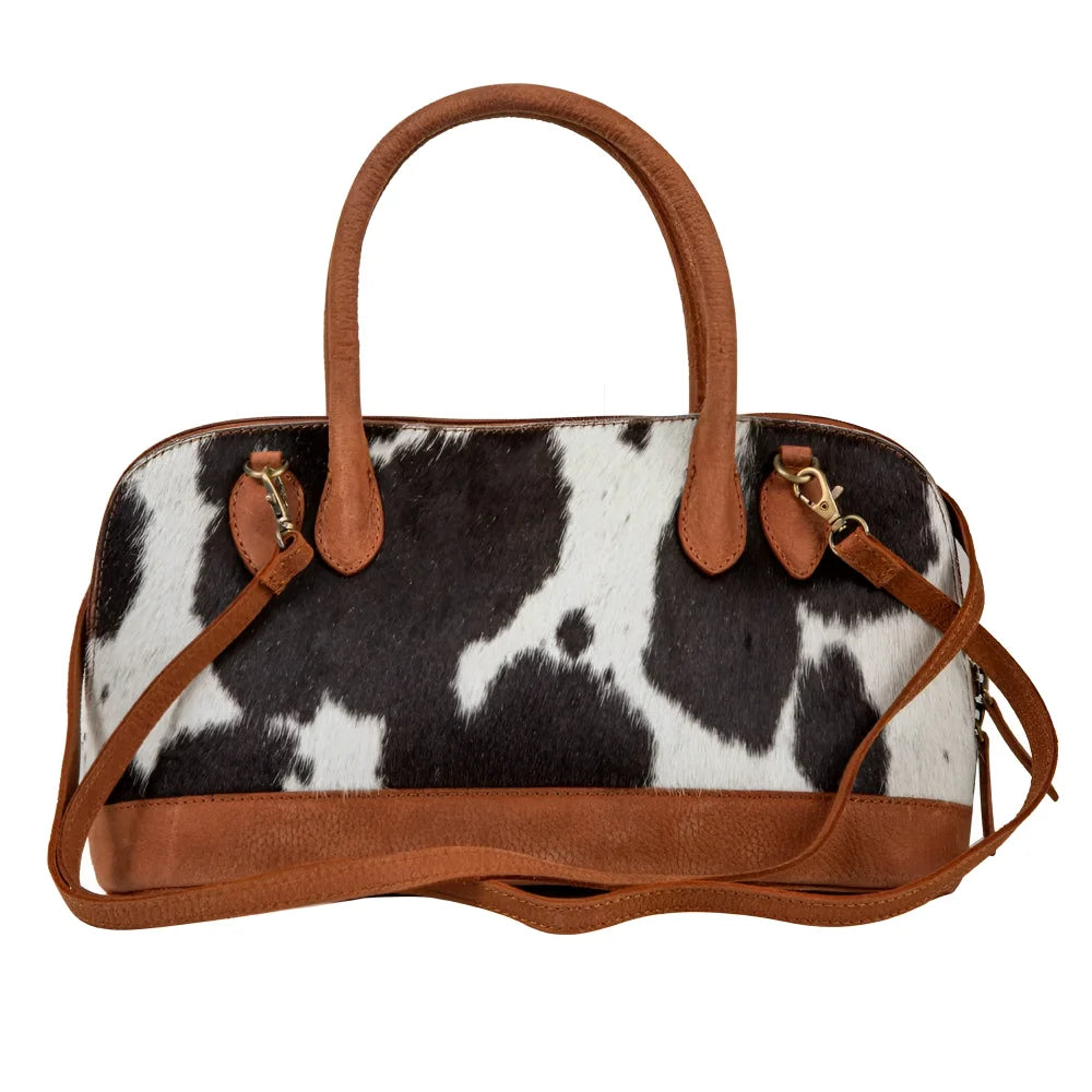 Brown and white hair-on hide leather satchel with tan handles by Angus Oliver