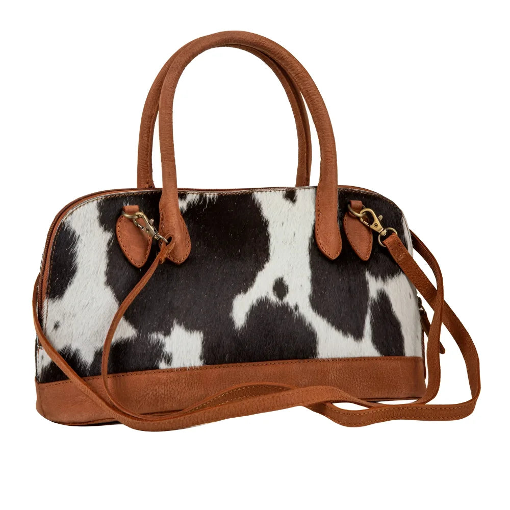 Westward hair-on hide Angus Oliver cowhide bag with tan handles