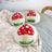 White mushroom trio with red and white felt caps and green embroidered grass bases perfect for angus oliver dryer balls