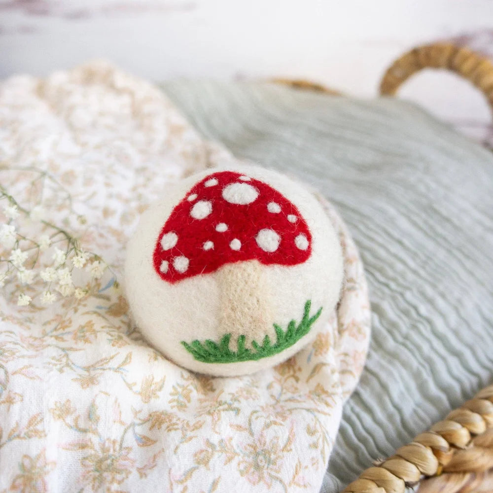 Hand-felted red and white spotted mushroom pin with green wool grass from angus oliver white mushroom trio, not dryer balls or sheets