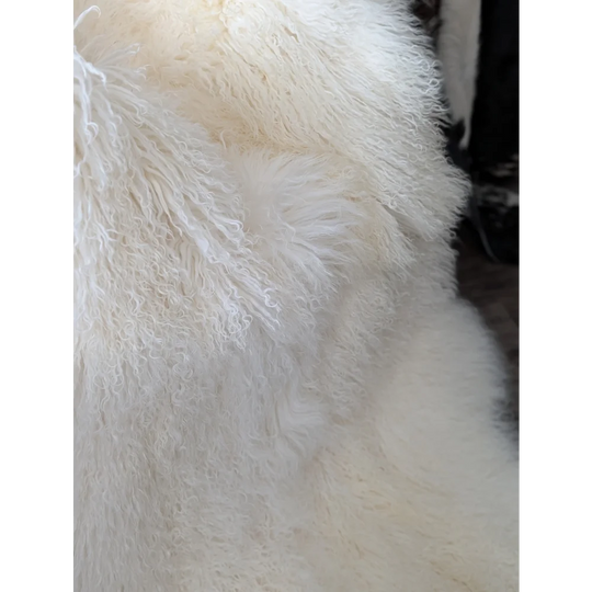 Gorgeous natural white Mongolian sheepskin rug, plush quad sized