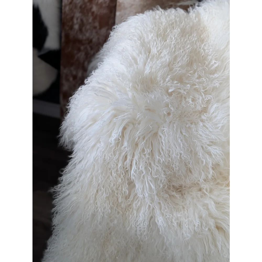 Gorgeous natural white Mongolian sheepskin rug, plush quad size