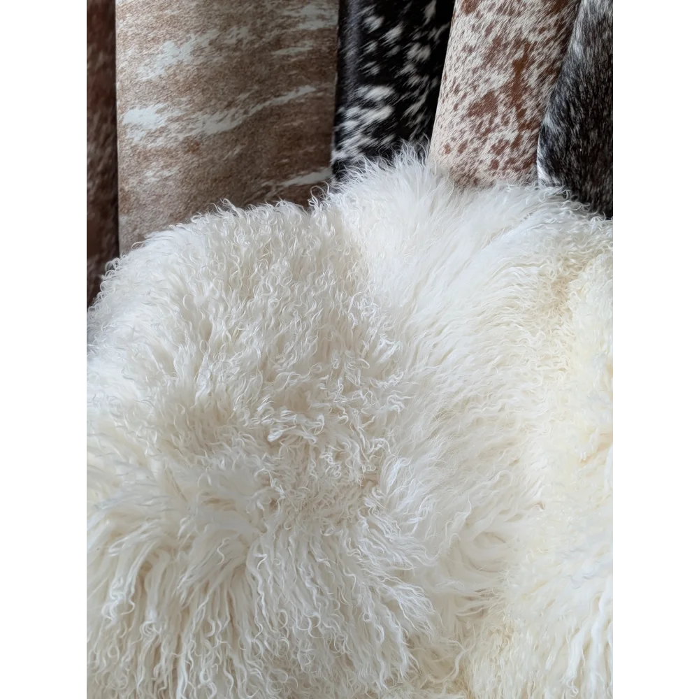 Gorgeous natural white Mongolian sheepskin throw with long curly fibers
