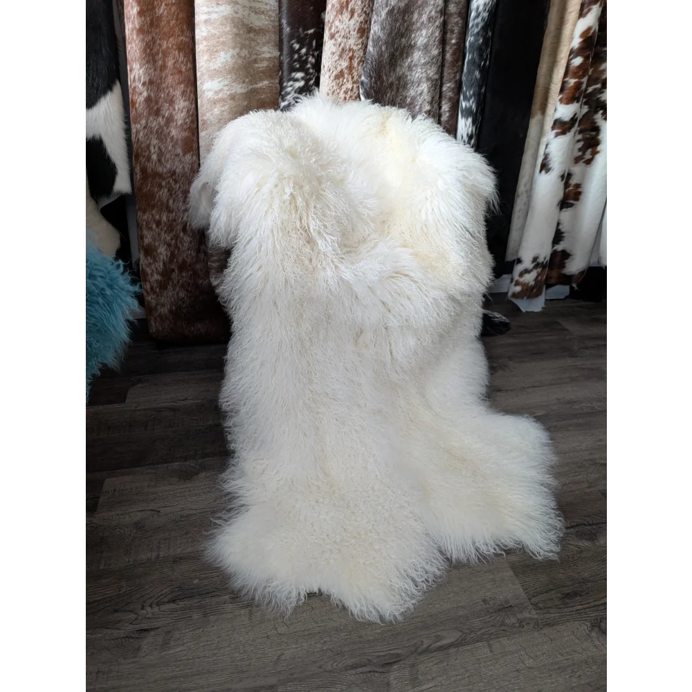 Gorgeous natural white Mongolian sheepskin rug, plush quad size