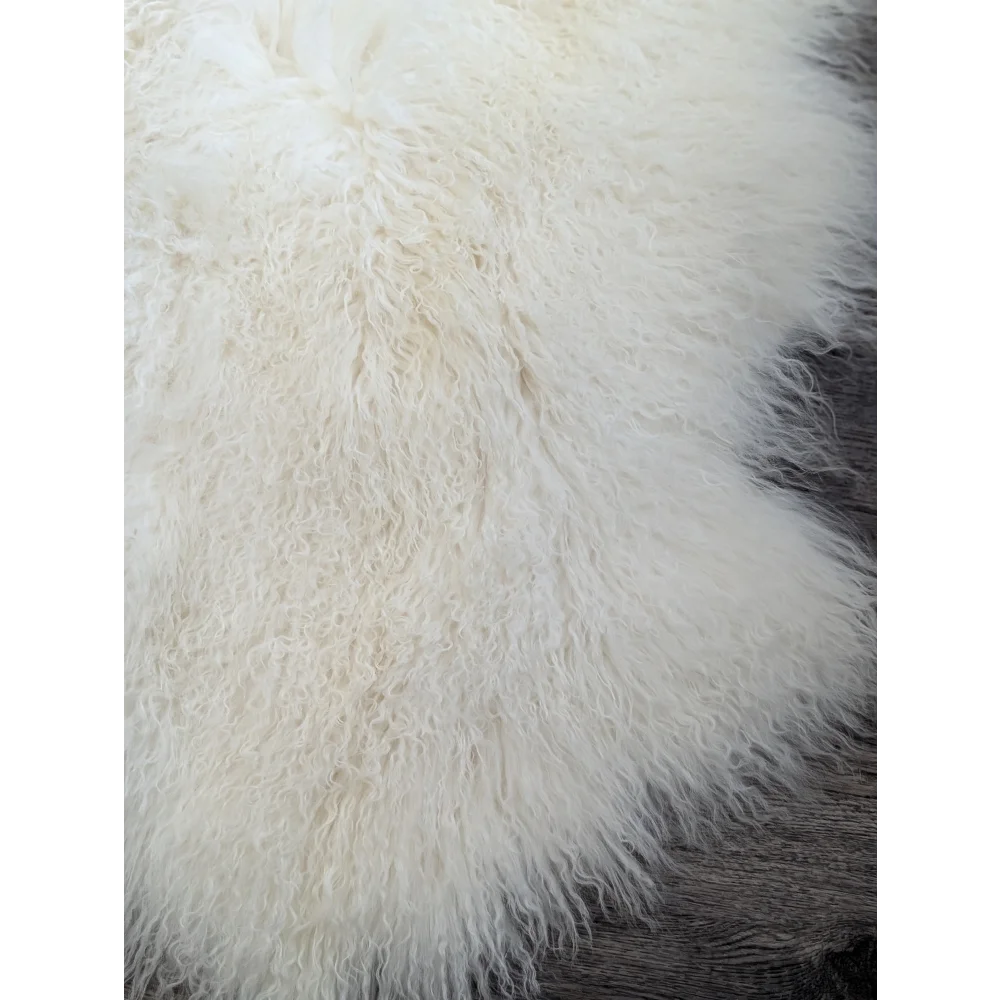 Gorgeous natural white Mongolian sheepskin rug, plush quad size