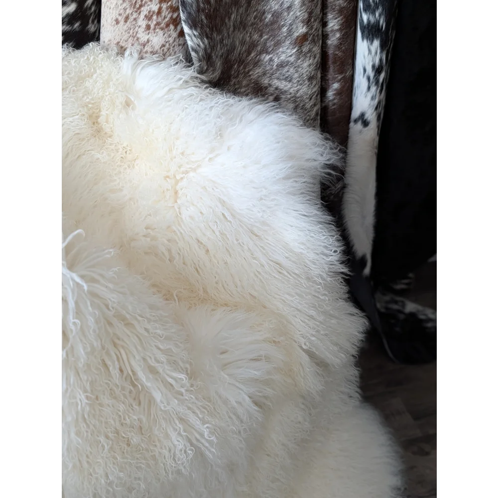 Gorgeous natural white Mongolian sheepskin rug, plush quad size