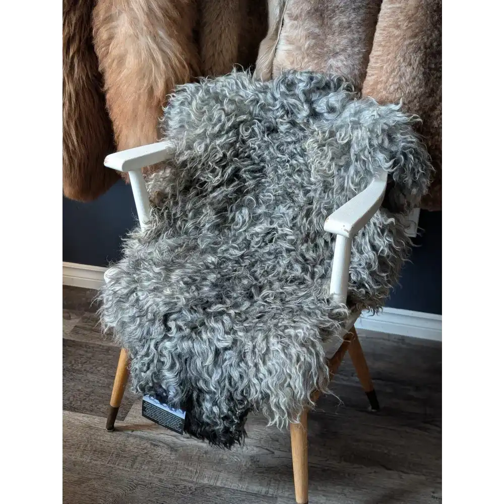 Shaggy gray Gotland sheepskin from Oliver Luxury Sheepskins on a white wooden chair