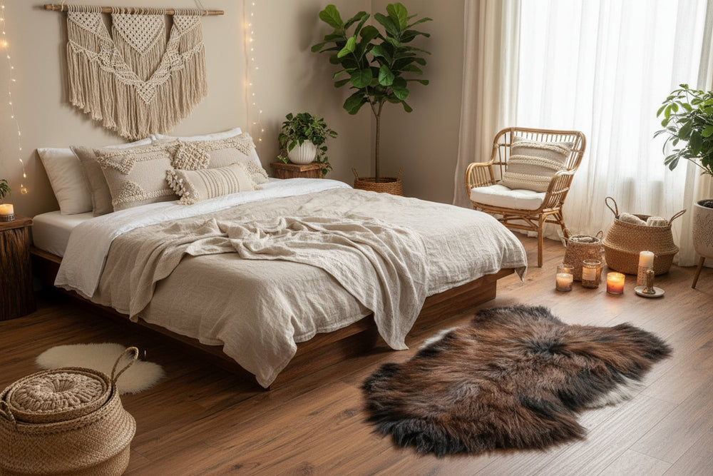 Soft Icelandic sheepskin rug in dark bronze, plush brown-black fur