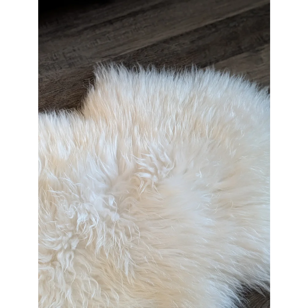 A soft icelandic sheepskin rug 48 x 32 inches off-white grade a with long fibers on dark wooden floor