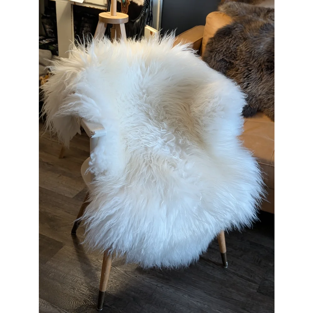 A soft icelandic sheepskin rug draped over a wooden chair showcasing a plush white 48 by 32 inch throw