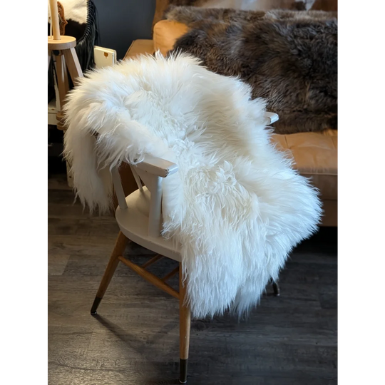 White fluffy soft icelandic sheepskin rug draped over wooden chair perfect as a rug 53x34 inches or throw