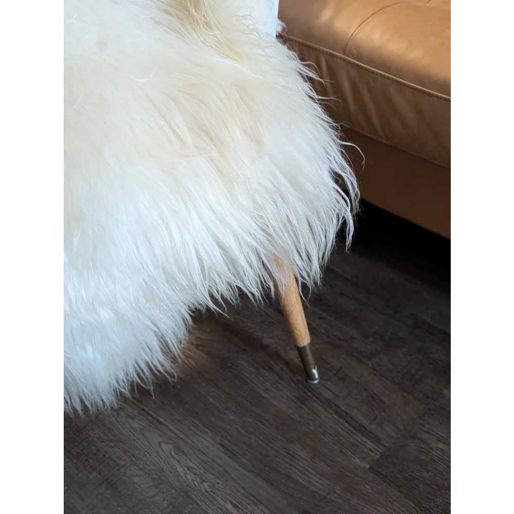 White fluffy faux fur chair with wooden legs made from soft icelandic sheepskin rug 53x34 inches grade a