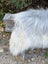 A fluffy long-haired dog beside a massive icelandic sheepskin rug in natural grey wool with weathered wooden post