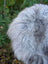 A fluffy long-haired dog with white and gray fur sitting on a massive icelandic sheepskin rug natural grey
