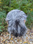 Gray and black faux fur chair with wooden ears and white legs featuring massive icelandic sheepskin material