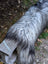 A long gray and black shaggy dog tail resting on weathered wood beside a massive icelandic sheepskin rug