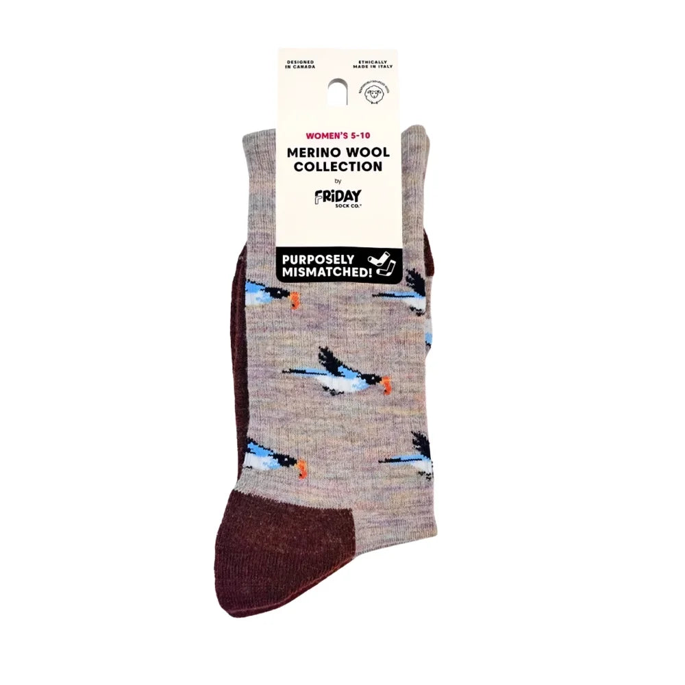 A pair of friday sock co merino wool socks for women with heather gray base colorful bird patterns and maroon toes