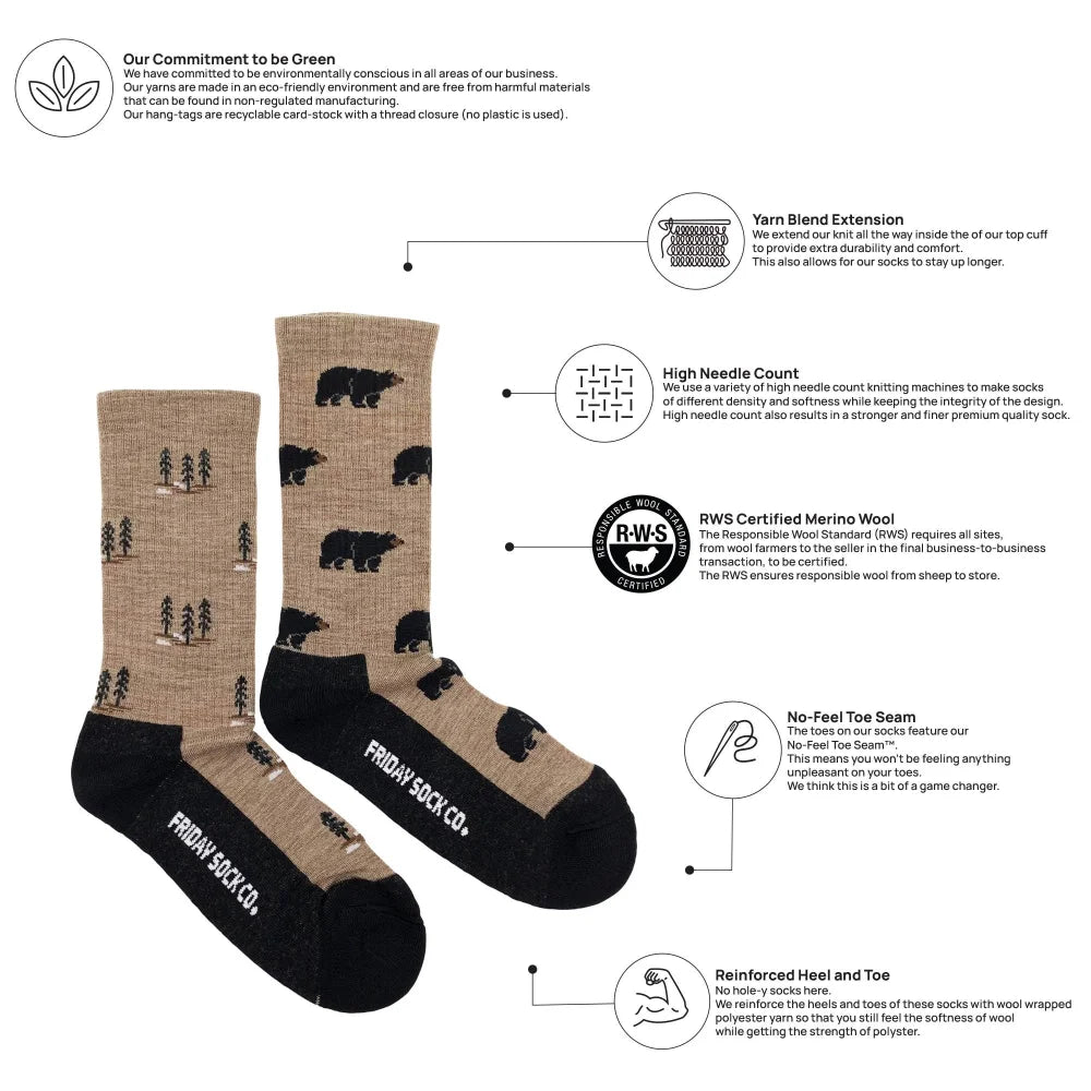 Women’s tan merino wool socks with black bear and tree patterns and black toe and heel made from rws certified wool socks