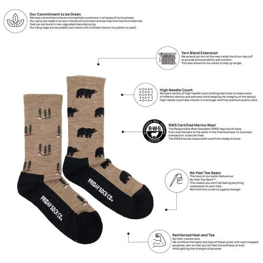 Women’s tan merino wool socks with black bear and tree patterns and black toe and heel made from rws certified wool socks