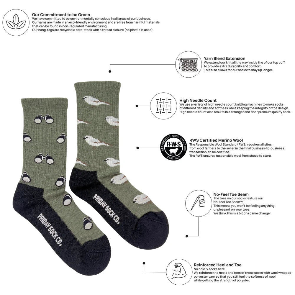 Olive green merino wool socks with white bird patterns black toe caps from friday sock co for all-season wear