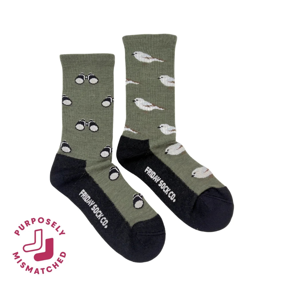 Women’s olive green merino wool crew socks with bird and binocular patterns and friday sock co branding