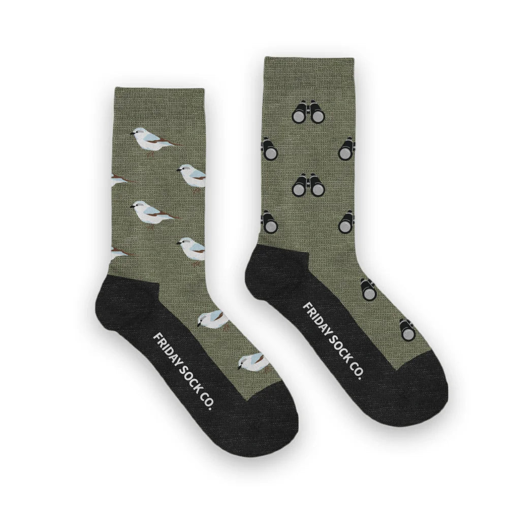 Cozy olive green bird and binoculars merino wool socks by Friday Sock Co