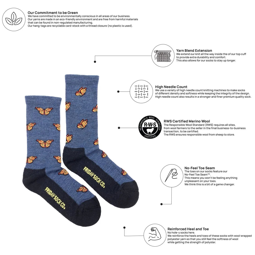Blue merino wool socks with orange butterfly patterns and black toes by friday sock co for comfy hiking use