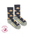 Black and gray women’s cabin merino wool socks with pixelated cozy cabins snow trees and stars by angus oliver