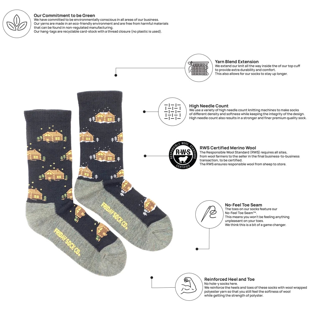 Dark blue women’s cabin merino wool socks with cozy cabins stars gray toes heels branded friday sock co from angus oliver