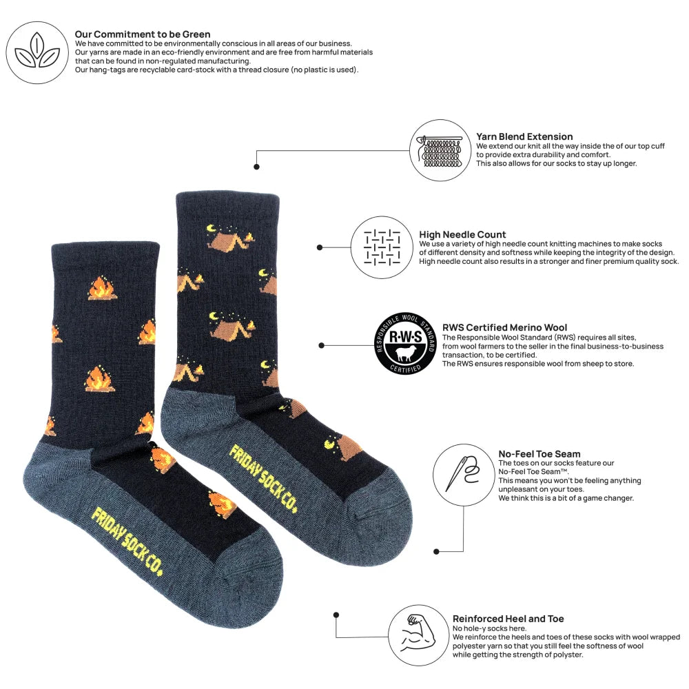 Women’s camping at night merino wool socks in dark blue with orange flames and tents made from rws certified wool