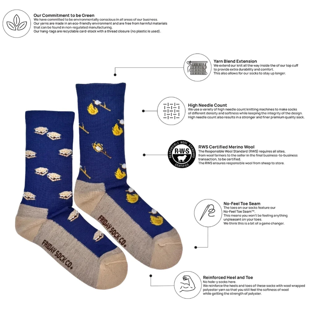 Navy blue merino wool socks with yellow bananas white clouds and beige heel by friday sock co perfect for camping