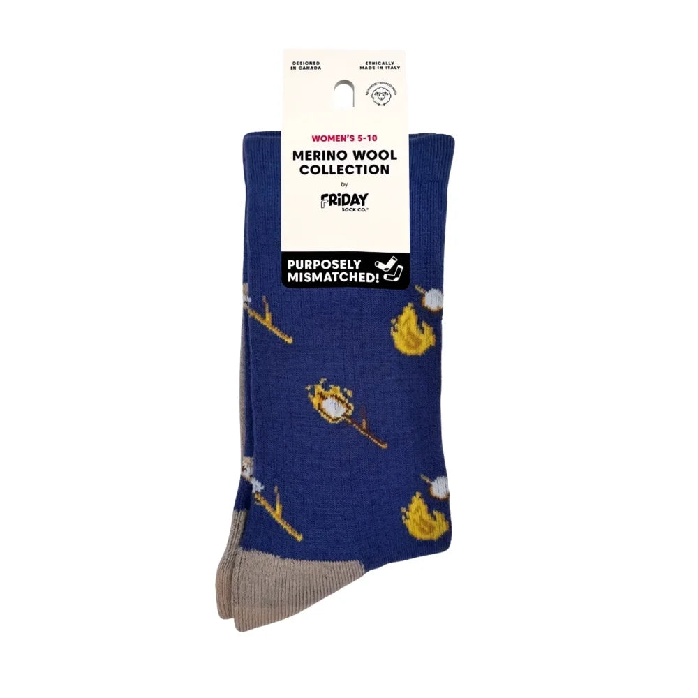 Women’s blue merino wool socks with fun campfire and marshmallow design and beige toe caps for outdoor use