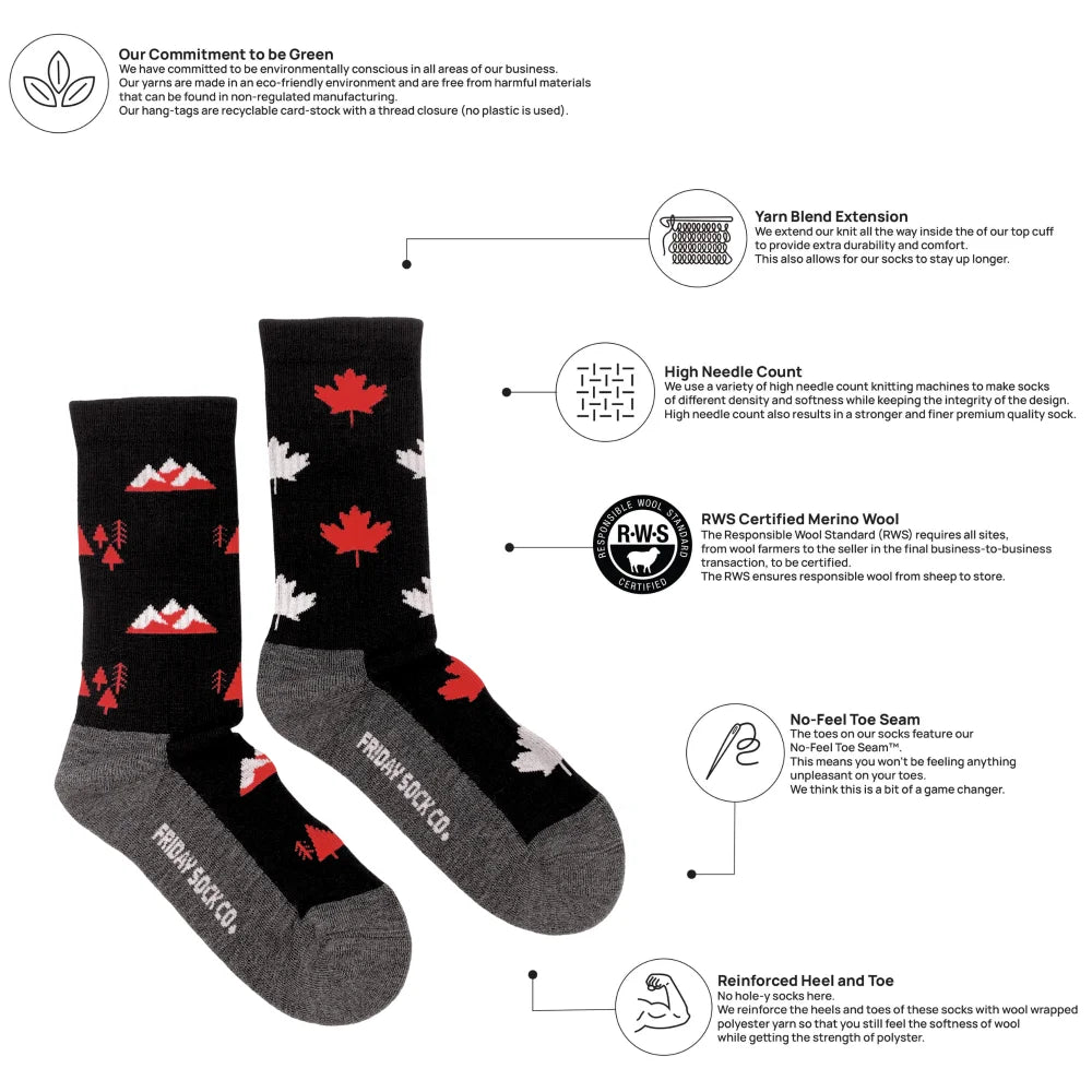 Black merino wool women’s canada socks with red white maple leaf and mountain patterns for warm hiking trails