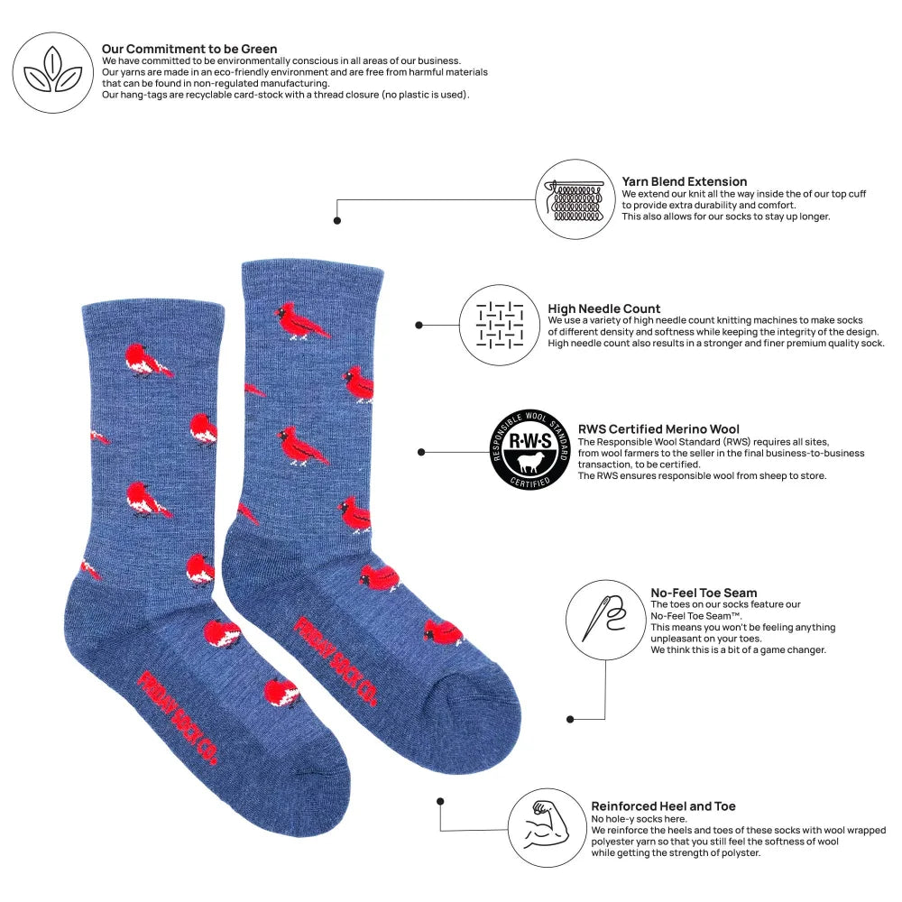 Women’s cardinal and robin blue merino wool socks with red bird patterns and a soft heathered texture