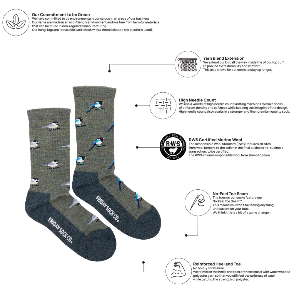 Women’s gray and navy blue chickadee and magpie merino wool socks with bird pattern perfect hiking wool socks