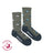 Gray merino wool socks with blue and black magpie pattern and dark gray reinforced toe and heel for hiking