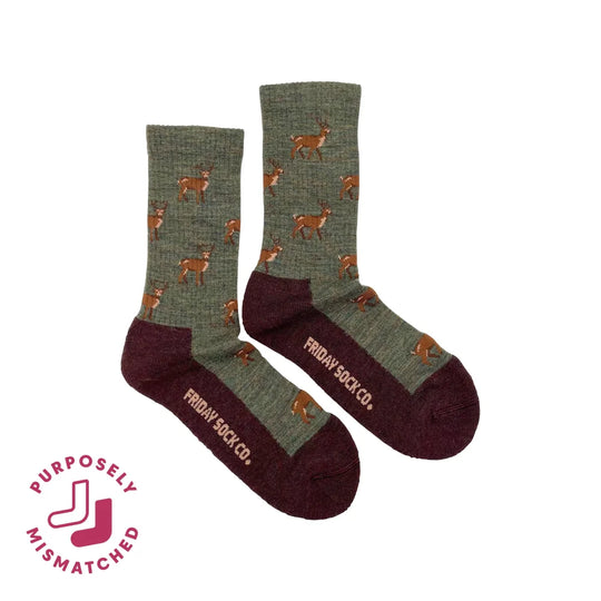 Olive green and maroon womens merino wool socks with brown deer pattern by friday sock co for all season comfort