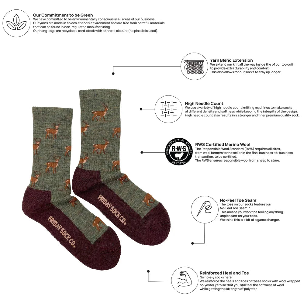 Olive green and maroon women’s deer merino wool socks from friday sock co perfect all season comfort wool socks