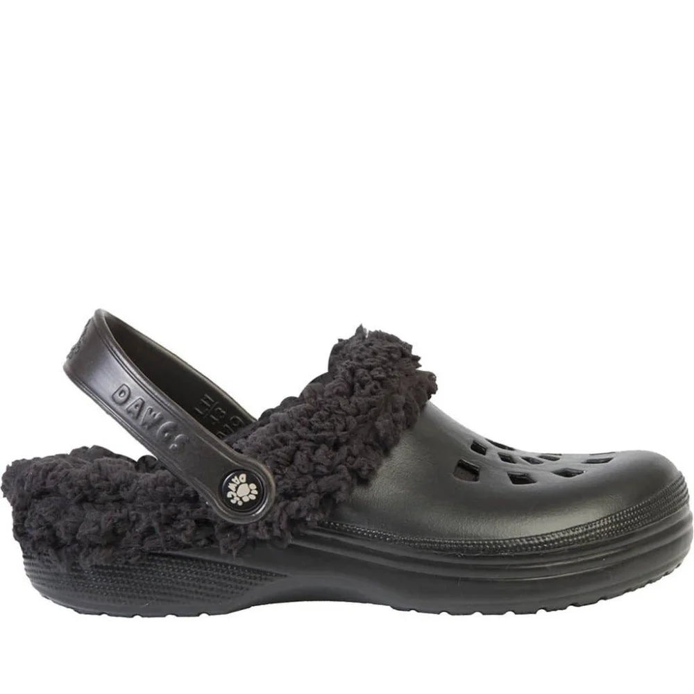 Black Fleece Dawgs Crocs with shearling lining and paw print logo