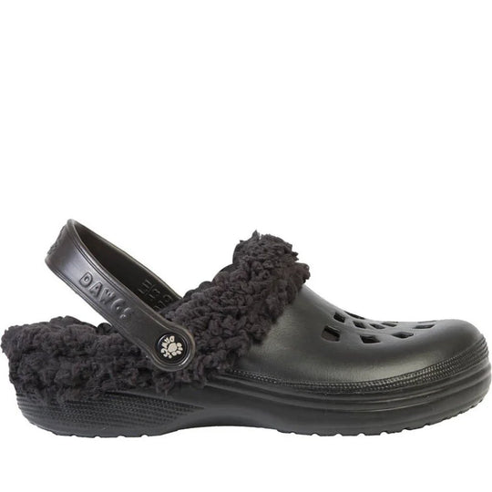 Black Fleece Dawgs Crocs with shearling lining and paw print logo