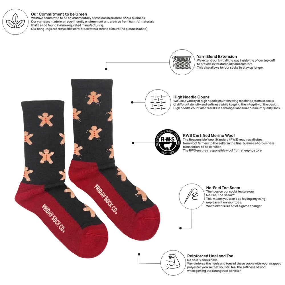 Women’s black and red holiday merino wool socks with gingerbread man pattern and no-feel toe seam for cozy wear