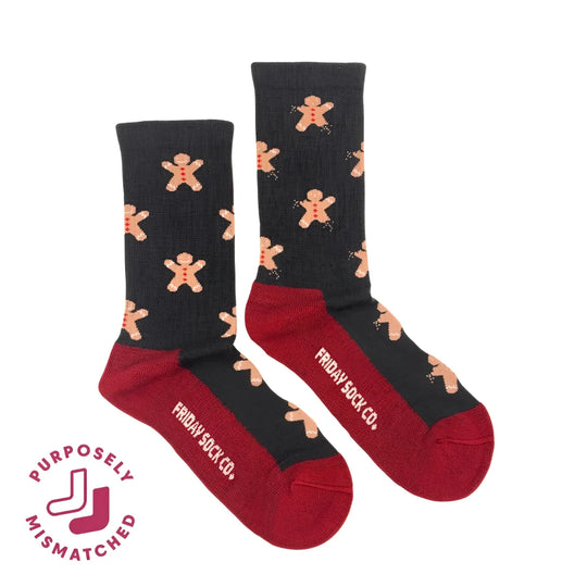 Women’s gingerbread bite merino wool socks in black and red with tan gingerbread men perfect with angus oliver rugs