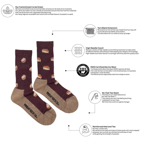 Dark brown women’s hedgehog merino wool socks with tan soles and toes offering breathable warmth and cozy wool socks