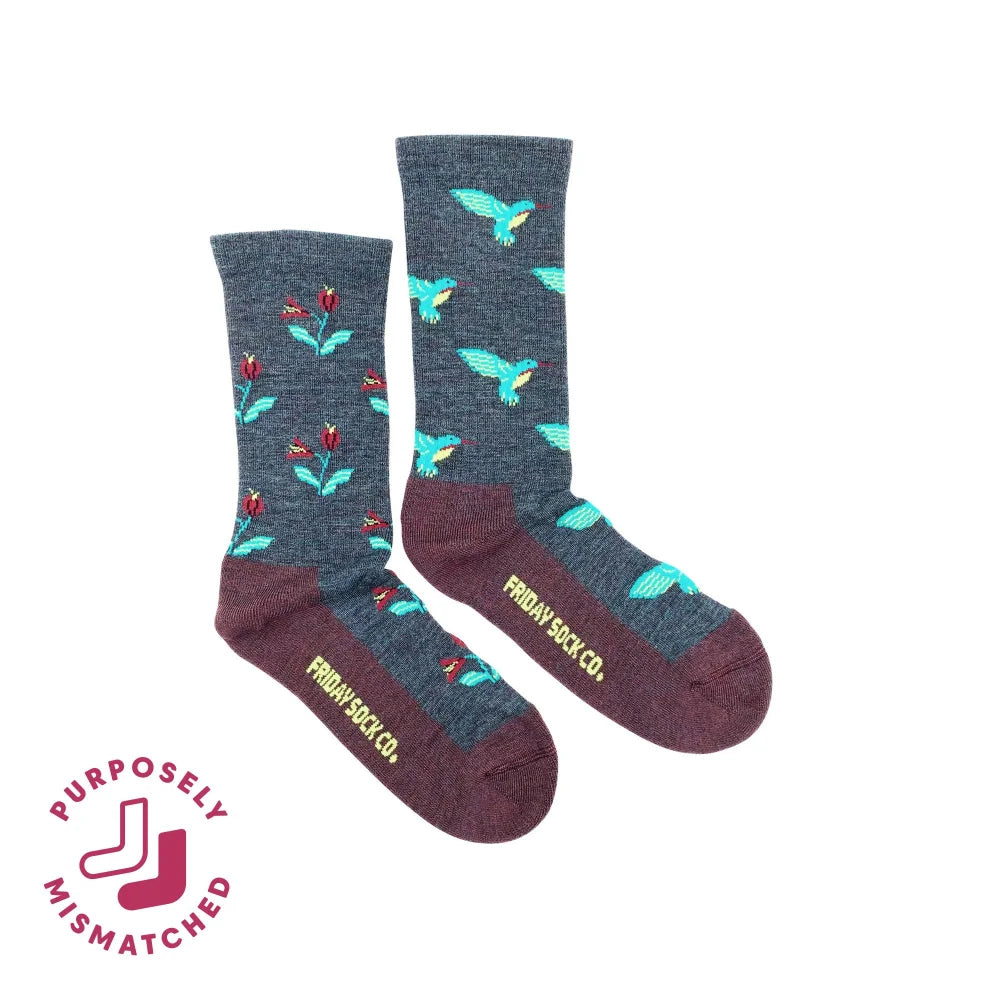 Dark gray heathered women’s merino wool socks with turquoise hummingbirds red flowers and maroon toe caps and heels