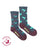 Dark gray heathered women’s merino wool socks with turquoise hummingbirds red flowers and maroon toe caps and heels