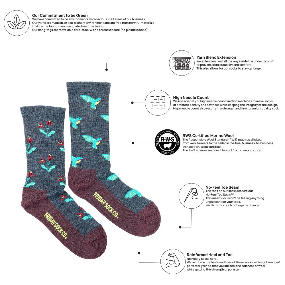 Dark gray and maroon womens merino wool socks with turquoise birds red flowers and friday sock co branding on heel